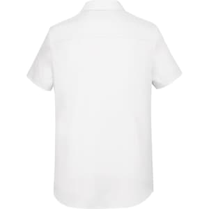 A white short sleeve button-up shirt with a classic collar and a single back yoke detail. Features a logo.