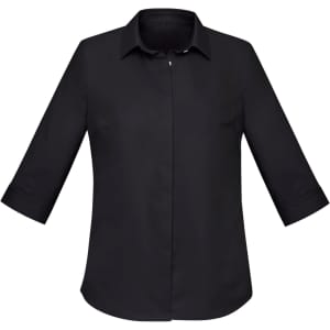A black Women's Charlie 3/4 sleeve button-up shirt with a standard collar and rolled cuffs, featuring a logo.