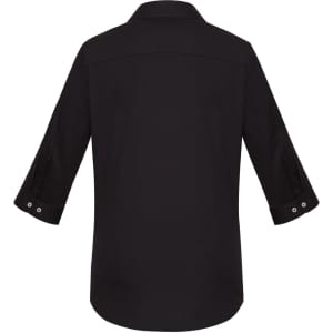 A black women's Charlie 3/4 sleeve button-up shirt with a collar and roll-up sleeves, featuring a logo.