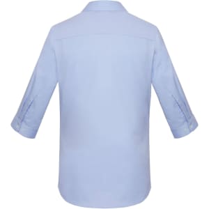 A light blue women's button-up shirt with 3/4 sleeves, featuring a back yoke and button details on the sleeves.