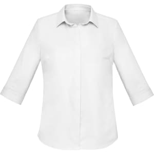 A white button-up shirt with three-quarter sleeves and a collar. Features a branded logo.