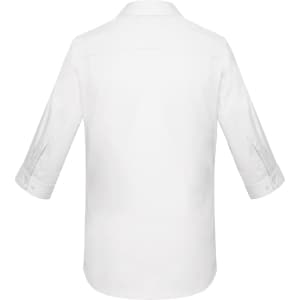 A white women's button-up shirt with 3/4 sleeves, featuring a collar and roll tab detailing.