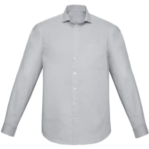 A classic fit long sleeve shirt in light grey featuring a button-up front and a single chest pocket.