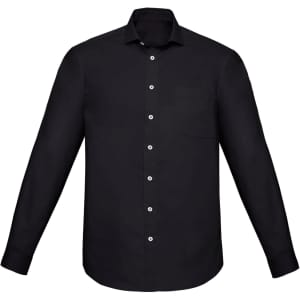 A black long sleeve button-up shirt with a classic fit and a single chest pocket. Features a logo on the front.