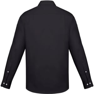 A black men's long sleeve button-up shirt with a classic fit and cuffed sleeves. It features a logo on the back.