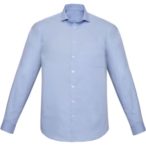 A light blue long sleeve button-up shirt with a classic fit and a pocket on the chest. Features a logo.