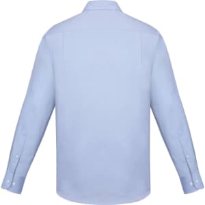 A light blue classic fit long sleeve button-up shirt with a back view and cuffs. Features a logo.
