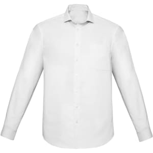 A classic fit long sleeve button-up shirt in white, featuring a chest pocket and a collar. It has a subtle logo.