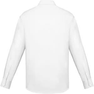 A white long sleeve button-up shirt with a classic fit, featuring a back view and button cuffs.