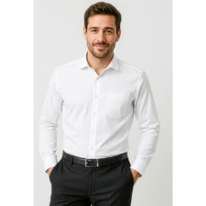 A white long sleeve button-up shirt with a chest pocket, worn by a man. The shirt features a classic fit design.