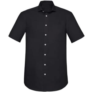 A black short sleeve button-up shirt with a classic fit and a single chest pocket. It features a logo.