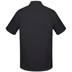 A black short sleeve button-up shirt with a classic fit, featuring a collar and back yoke.