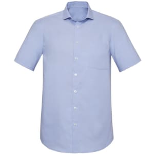A light blue short sleeve button-up shirt with a pocket and a standard collar. It features a simple design and has a logo.