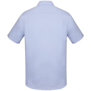 A light blue men's short sleeve button-up shirt with a classic fit, featuring a collar and a branded logo.