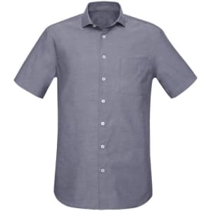 A short sleeve button-up shirt in a blue grey tone with a pocket and a logo on the chest.