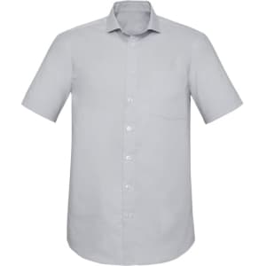 A short sleeve, button-up shirt in light grey with a chest pocket and a branded logo.