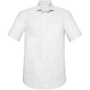 A white short sleeve button-up shirt featuring a single pocket and a classic fit design.