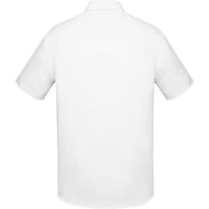 A white short sleeve button-up shirt featuring a classic fit and a simple design with a back collar.