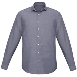 A slim fit long sleeve shirt in blue with a button-up front and a collar. Features a logo on the shirt.