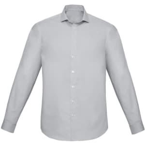 A light grey slim fit long sleeve button-up shirt with a collar and buttons down the front. It features a logo.