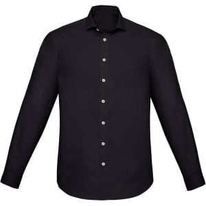 A black slim fit long sleeve button-up shirt with a collar and white buttons. Features a logo present.
