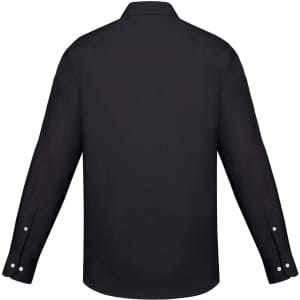 A black long sleeve button-up shirt featuring a slim fit design and a collar, with cuff details and branding.