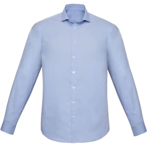 A light blue long sleeve button-up shirt with a slim fit design and a collar, featuring a logo on the label.