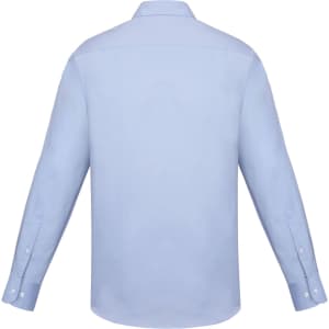A light blue men's long sleeve shirt with a slim fit, featuring button details and a logo.