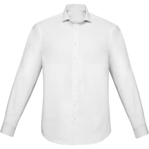 A white slim fit long sleeve button-up shirt with a classic collar and cuffs. It has a branding logo.