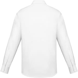 A white long sleeve button-up shirt featuring a slim fit design and full-length sleeves. It has a logo on the back.