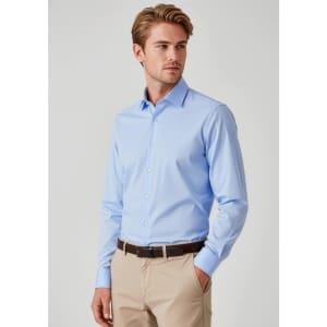 A slim fit long sleeve shirt in light blue, featuring a button-up design and a logo on the chest.