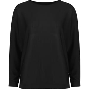 A black women's batwing sweater top with a relaxed fit and three-quarter sleeves. Features a logo.