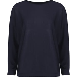 A navy batwing sweater top with a wide neckline and long sleeves. The design features a relaxed fit.