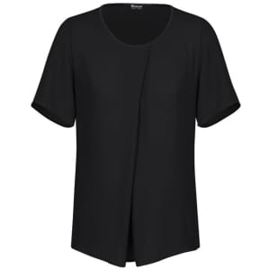 A black short sleeve T-shirt with a round neckline and a relaxed fit, featuring a subtle front drape.