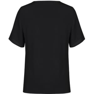 A black women's short sleeve T-top featuring a simple design and a logo.