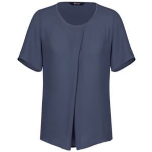 A short-sleeved blue women's T-shirt with a simple design and a logo on the label.