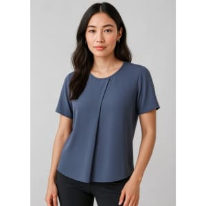 A short-sleeve women's T-shirt in navy blue with a pleat detail and a round neckline, featuring a logo.