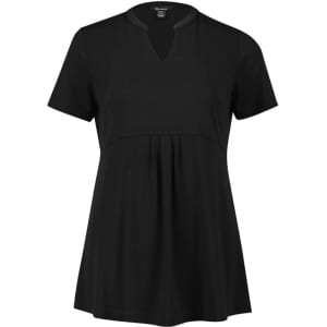 A black women's tunic with short sleeves and a V-neck design, featuring a flared silhouette. It has a logo on it.