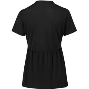 A black women's Mali Stretch Tunic T-Top with short sleeves and a gathered waist. It features a branding logo.