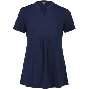 A navy blue women's Mali Stretch Tunic T-Top with a relaxed fit and short sleeves, featuring a small collar and pleating.