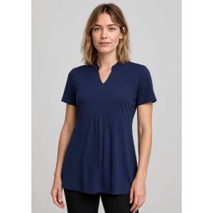 A navy blue women's tunic with short sleeves and a pleated front design, featuring a small collar and a logo.