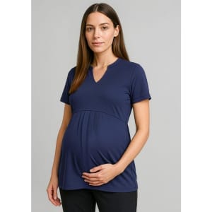 A navy blue Women's Mali Stretch Tunic T-Top featuring a v-neck design, suitable for maternity wear. It has a logo.