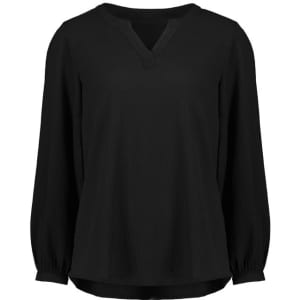 A black women's long sleeve blouse with a V-neck and gathered sleeves, featuring a subtle logo.