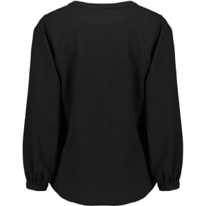 A black long sleeve blouse with ruching detail, featuring a relaxed fit and balloon sleeves.