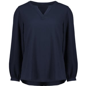 A women's long sleeve blouse in navy blue with a relaxed fit and ruché detailing at the sleeves.