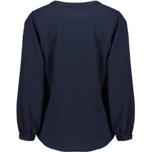 A navy blue women's long sleeve blouse featuring ruché detailing and a relaxed fit design. It has a branding logo.