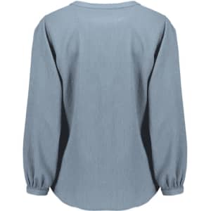 A women's long sleeve blouse in light blue, featuring a ruché design and a relaxed fit. It has a logo on the back.