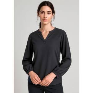 A dark grey long sleeve blouse with a relaxed fit and a v-neckline. The blouse features gathered sleeves and a logo.