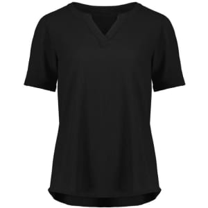 A black women's short sleeve blouse with a V-neck and a relaxed fit. The blouse features ruching details and has a logo.