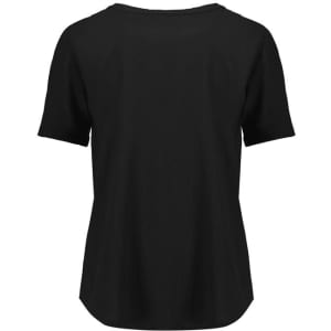 A black short sleeve blouse with a ruché design, featuring a rounded neckline and a slightly curved hem.